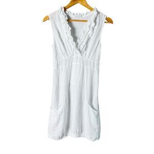 Made in Italy White Linen Ruffle V-Neck Casual Mini Dress Sleeveless Pockets, S
